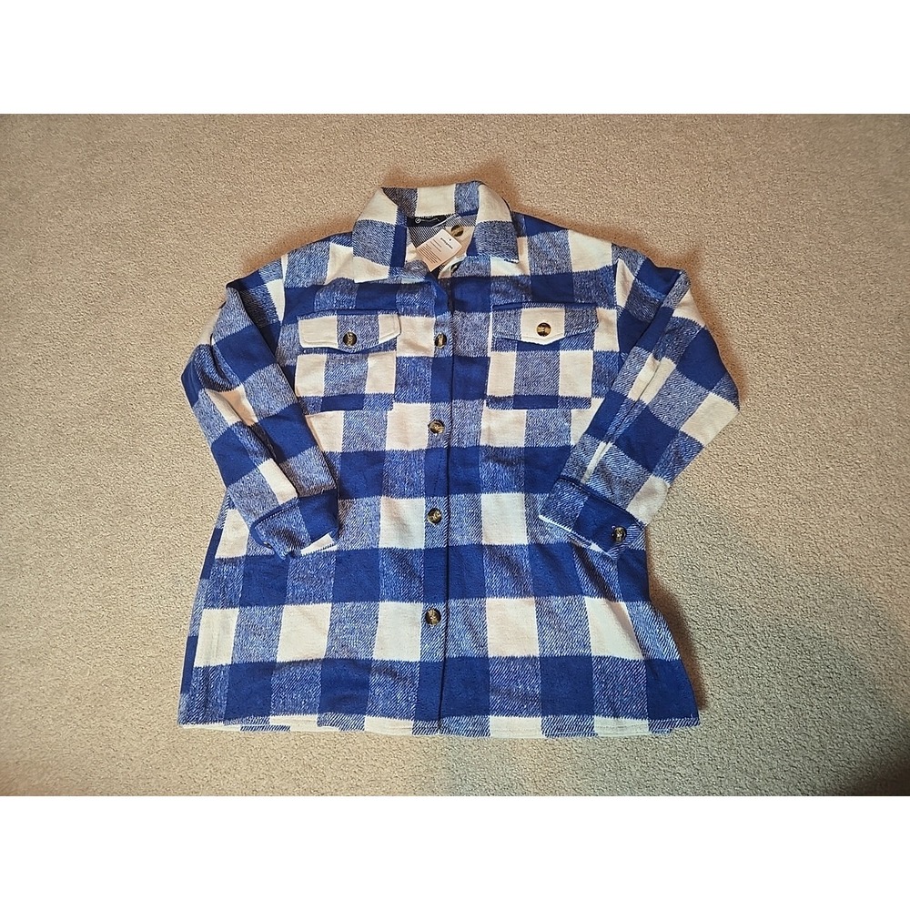 PRETTYGARDEN Plaid Shacket Long Sleeve Button Down‎ Flannel Shirt Blue White L
